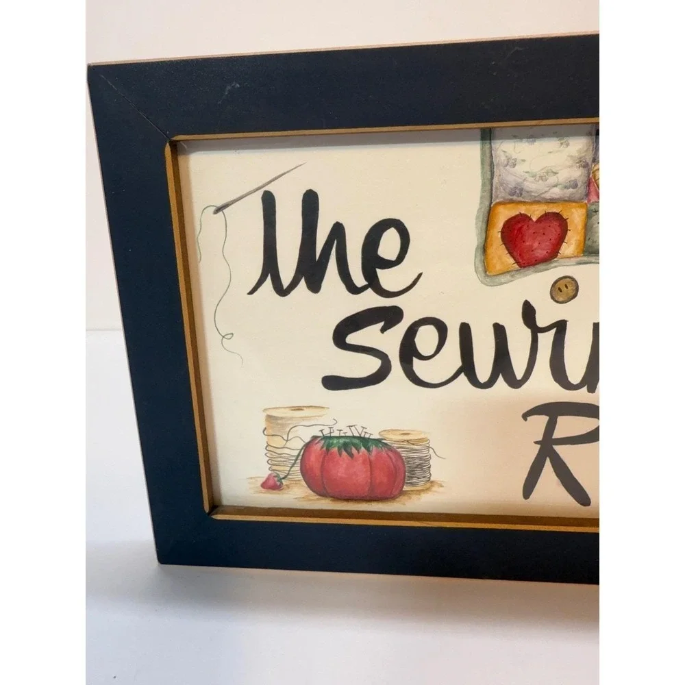 The Sewing Room Framed Wall Art Folk Art Quilt Tomato Pincushion Signed TAM